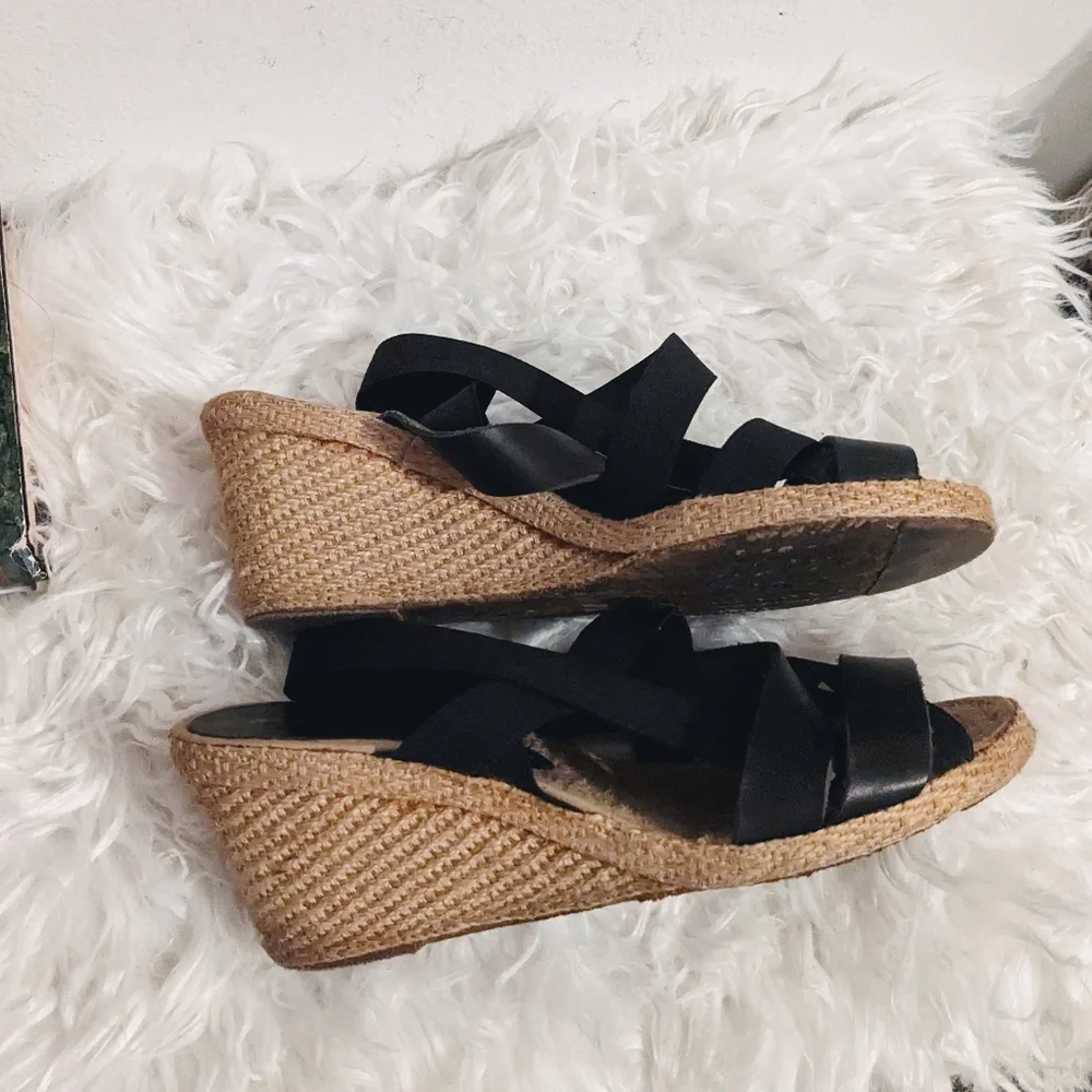 Black Strappy Bandage Espadrilles Wedges Sandals 7.5